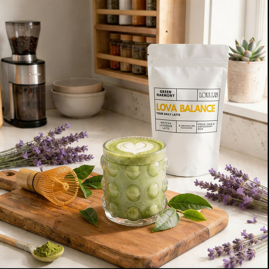 LOVA BALANCE - Lavender Matcha Latte Powder | Calming Floral Green Tea Mix (Vegan)