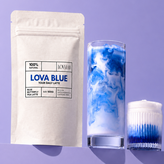 LOVA BLUE product packaging with a glass of blue and white layered drink on a purple background