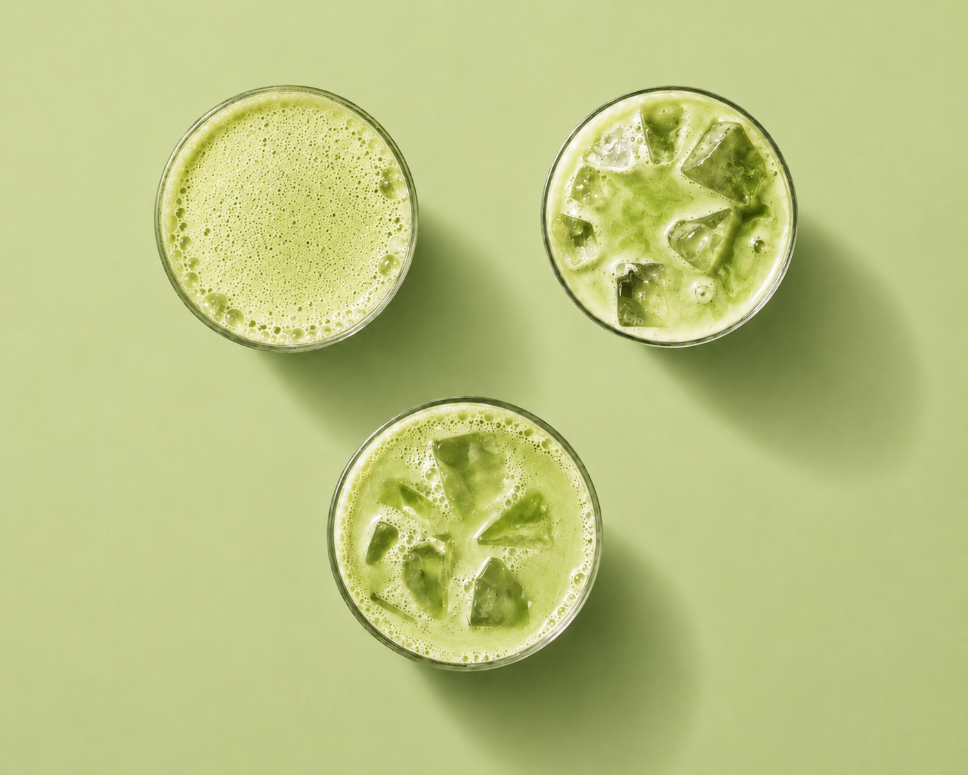 Three glasses of green smoothie on a green background