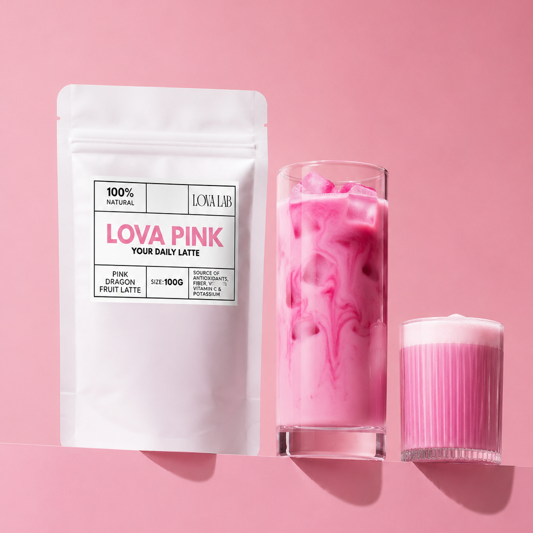 LOVA PINK latte package with a glass of pink latte on a pink background