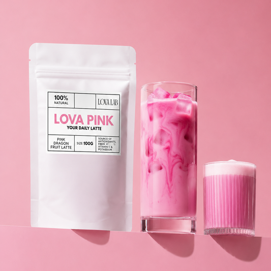 LOVA PINK latte package with a glass of pink latte on a pink background