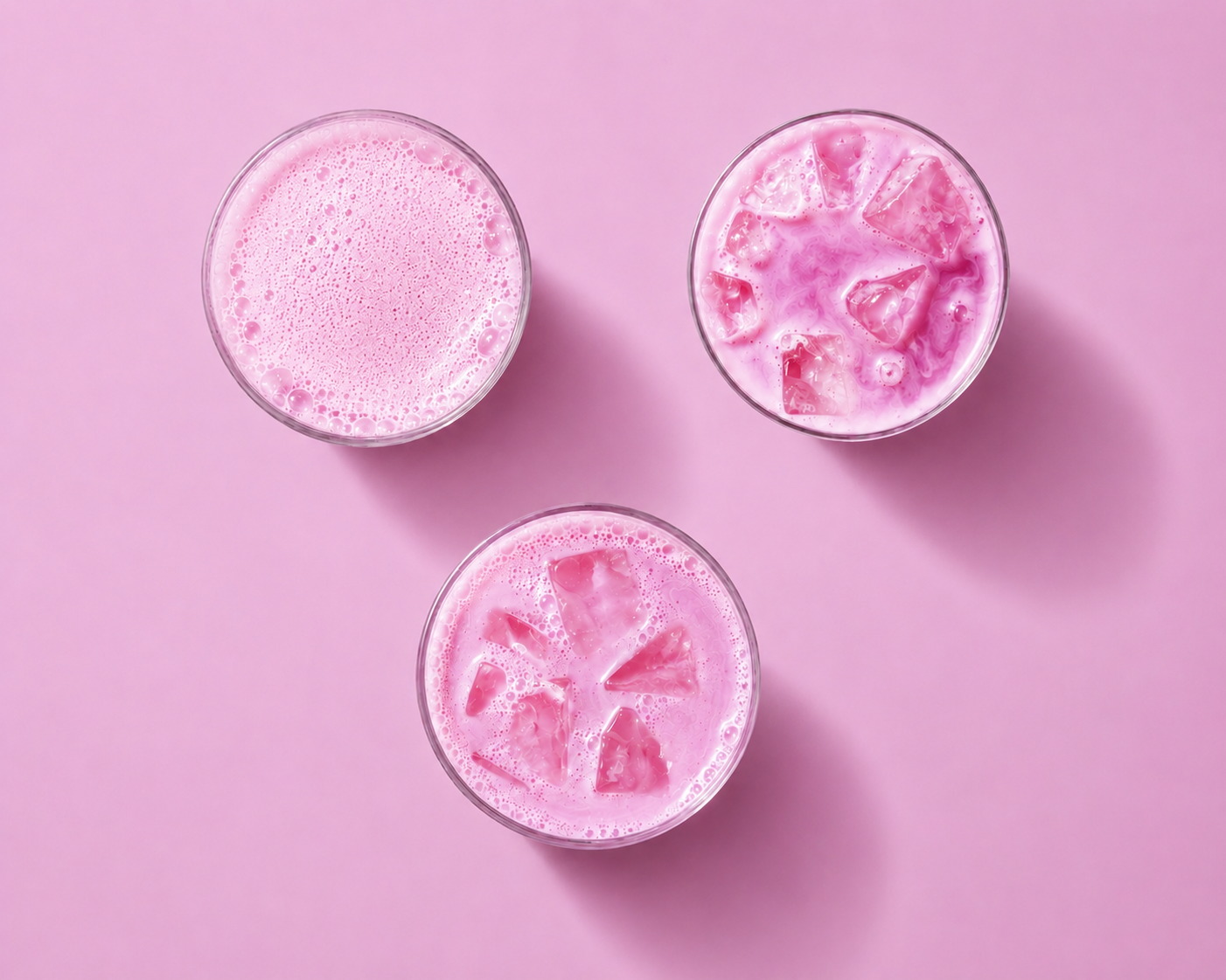Three pink drinks with ice cubes on a pink background
