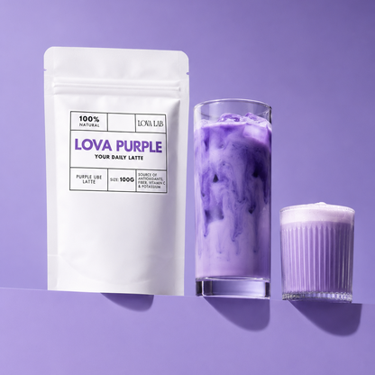 Purple iced latte with a package labeled 'LOVA PURPLE' on a purple background