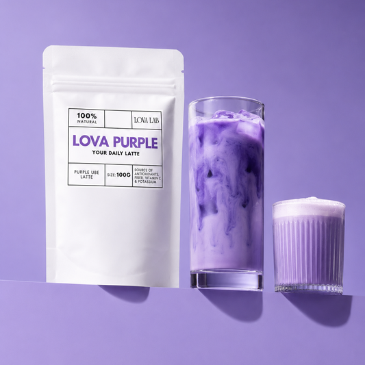 Purple iced latte with a package labeled 'LOVA PURPLE' on a purple background