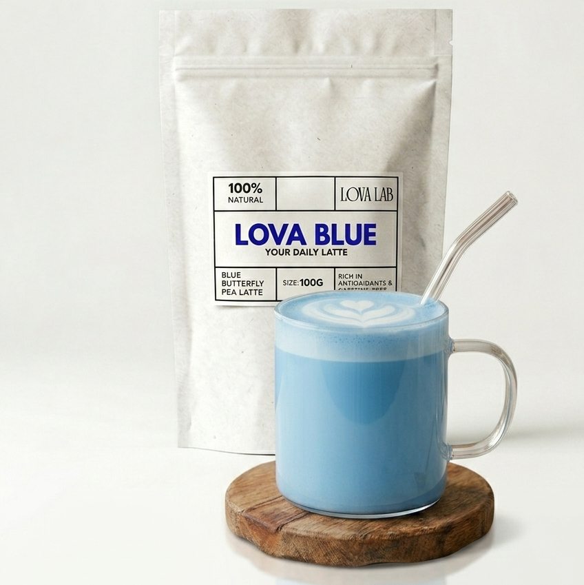 Blue powder in a mug with a LOVA LAB package on a white background